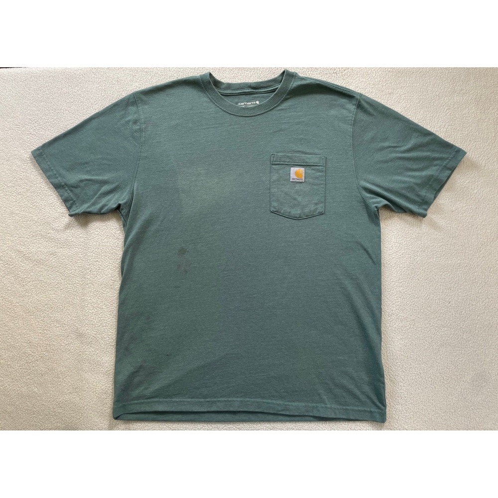 Distressed Carhartt Mens Large K87 Pocket T-Shirt Green Loose Fit Cotton Blend